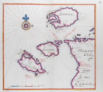 A térképen Ceram (Seram) és Bonoa (Boano-sziget), valamint Kelang-sziget és Manipa-sziget egy része látható. alkotó: Dutch School