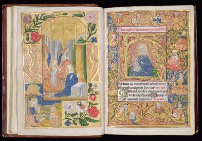 Ms 144, ff.13v-14r: Az Angyali üdvözlet és a Szűz és a gyermek, miniatúrák egy Órakönyvből, Utrecht használata, 1500-20 körül (arany levél, arany és színes tinták pergamenen) alkotó: Dutch School