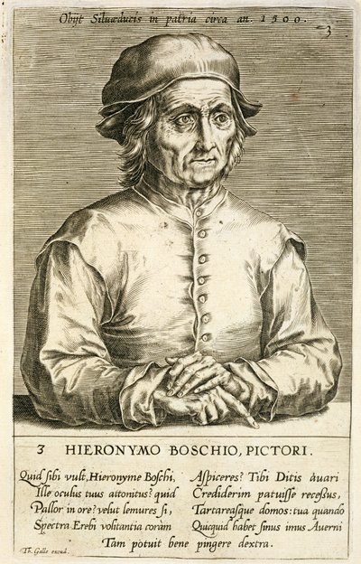 Hieronymus Bosch (kb. 1450-1516) portréja, 3. tábla egy művészportrésorozatban, Theodor Galle (1571-1633) metszetében alkotó: Dutch School