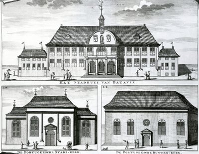 Portugál templom és városháza Bataviában, 19. század, alkotó: Dutch School