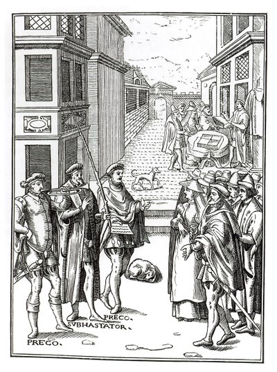Town Crier eladása, Joos de Damhouder (1507-81) fametszete nyomán a Praxis Rerum Civiliumban, Antwerpen, 1557 alkotó: Dutch School