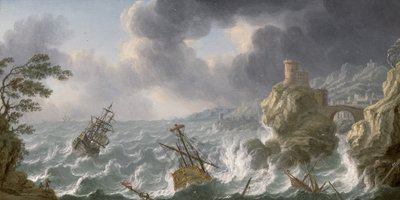 Hajótörés egy viharban egy sziklás partnál alkotó: Dutch School