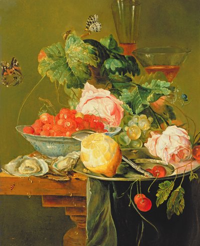 Rózsák csendéletei, osztriga, eper porcelántálban és egyéb gyümölcsök ónedényen, 1820 körül alkotó: Dutch School