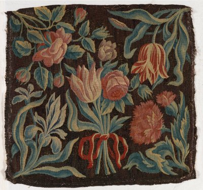 Tulipánokat stb. ábrázoló gobelin párnahuzat, valószínűleg Hollandiában alkotó: Dutch School