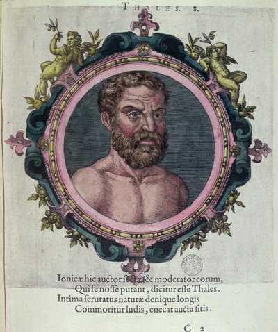 Milétosz Thalésze (Kr. e. 625-547), illusztráció az ókori és legújabb fizika és filozófusok ikonjaiból, Johannes Sambucus (1531-1584), Plantin adta ki Antwerpenben 1574-ben (színes metszet) alkotó: Dutch School