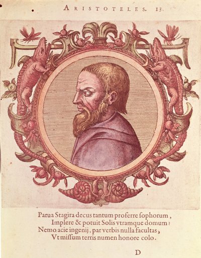 Arisztotelész filozófus (Kr. e. 384-322), Johannes Sambucus (1531-1584) illusztrációja az ókori és legújabb fizikából és filozófusok ikonjaiból, Plantin adta ki Antwerpenben 1574-ben (színes metszet) alkotó: Dutch School