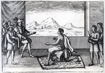 Nzinga ndongói királynő és Joao Correia de Sousa, Luanda portugál kormányzójának találkozója 1622-ben (metszet) alkotó: Dutch School