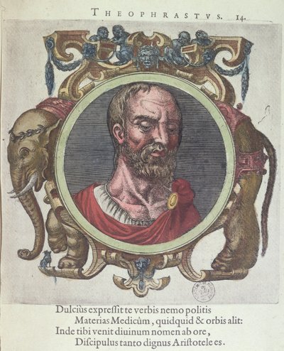 Theophrastus (Kr. e. 372-287), illusztráció a Régi és legújabb fizika és filozófusok könyvéből, Johannes Sambucus (1531-84), Plantin kiadója Leydenben 1603-ban (színes metszet) alkotó: Dutch School