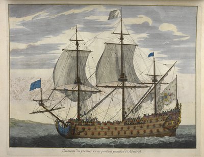 Első rangú hajó, amelyen az admirális Pauillon felirata látható, a „De Fransche Neptunus and Atlas Maritime and Suite du Neptune François” című művéből, Charles Pene és Pieter Mortier (színes metszet) alkotó: Dutch School