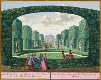 Kilátás a zöld loggiáról a színházra, a Het Zeganplant Kennemerlantból, Hendrick de Leth és Matthias Brouerius Van Nidek, megjelent 1700-1730 körül alkotó: Dutch School