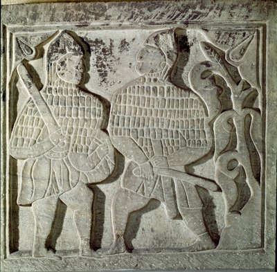 Seljukide Art (Seljukide vagy Saljuqide): két harcost ábrázoló alacsony dombormű. Konyából, Törökországból. 13. század. Török Iszlám Művészeti Múzeum, Isztambul alkotó: Dynasty Seljuq