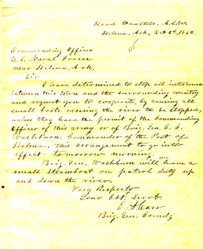 E. A. Carr, Helena, Arkansas levele az amerikai haditengerészeti erők parancsnokának, Helena közelében, Arkansasban, 1862. október 2 -án alkotó: E.A. Carr