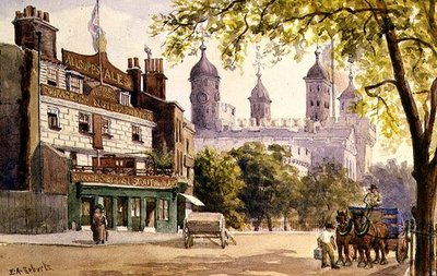 Az Old George és a londoni Tower (akvarell) alkotó: E.A. Roberts