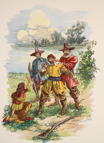 Megfogták a gallérjánál fogva, illusztráció a "Pocahontas"-ból: Az erdő hercegnője", Edward S. Ellis, kiad. McLoughlin Brothers, New York, 1912 körül. alkotó: E.B. Comstock