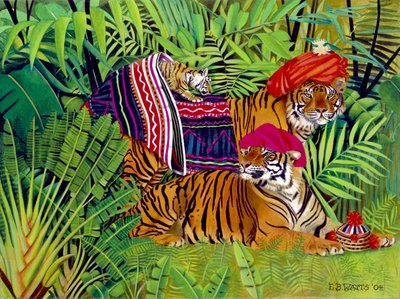 Tigris család thai ruhákkal, 2004 (akril, vászon) alkotó: E.B. Watts