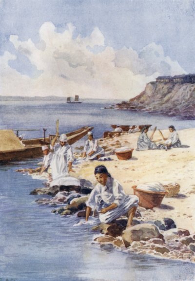 Koreai nők ruhát mosnak a folyóban (színes litho) alkotó: E.H. Fitchew