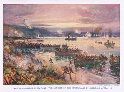 A Dardanellák hadműveletei: Az ausztrálok partraszállása Gallipoliban, 1915. április alkotó: E.S. Hodgson