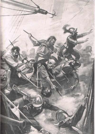 Az angolok visszaszorítják a spanyolokat San Juan de Uluában, illusztráció a „British Battles on szárazföldön és tengeren” című könyvből, kiadó: Cassell, London, 1915 körül alkotó: E.S. Hodgson