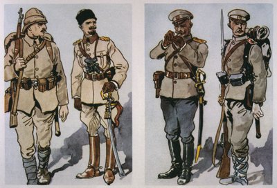 Török gyalogos és tiszt (balra) és bolgár gyalogos tiszt és gyalogos 1917 (jobbra) 1917 (színes litó) alkotó: E. (after) Dobrich