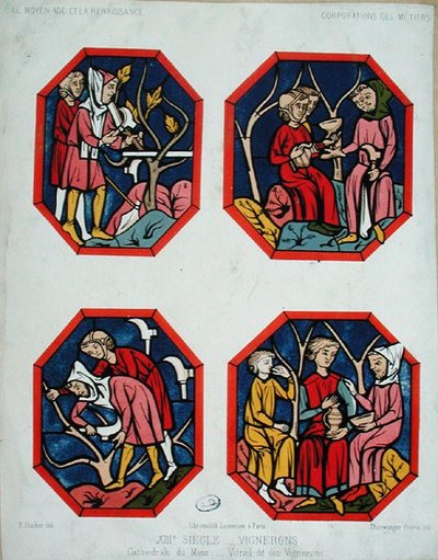 A borászok ablaka, a Thurwanger testvérek metszete, a Le Mans-i katedrális egyik ólomüveg ablakáról (színes litográfia). alkotó: E. (after) Hucher