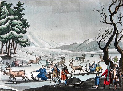 A rénszarvasok által húzott szánokon a téli táborukat elhagyó tunguszok 1820 körül (színes metszet) alkotó: E. (after) Karnejeff