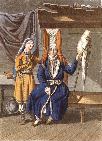 Votyak Women Spinning, metszett: Jegor Skotnikoff (1782-1843) (litho) alkotó: E. (after) Karnejeff
