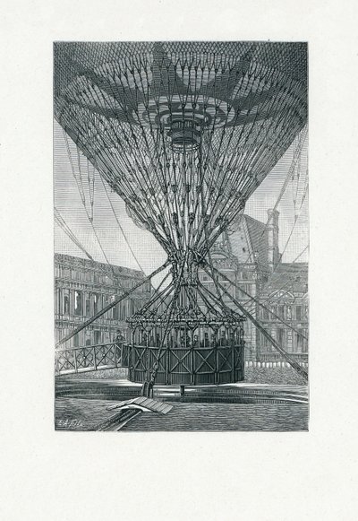 Panorámás kilátó egy hőlégballon segítségével, pub. 1880 körül (bw metszet) alkotó: E. A. Tilly