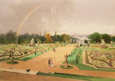 Kilátás a Gardens of Eaton Hallban, kocsmában. írta Thomas McLean alkotó: E. Adveno Brooke