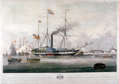 Viktória királynő és Albert herceg megérkezik a Királyi Dockyardba, Woolwich, Kent, 1843 alkotó: E Duncan