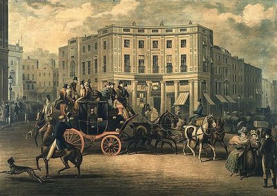 "The Age" Brighton Coach at the Bull and Mouth, Regent Circus (metszet) alkotó: E. F. Lambert
