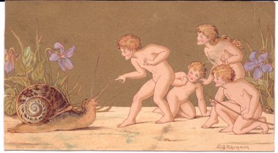 Egy viktoriánus üdvözlőlap négy meztelen tündérrel, akik egy csigát ugratnak arany háttér előtt, Gertude Thompson, 1895 körül (színes litó) alkotó: E. Gertrude Thompson