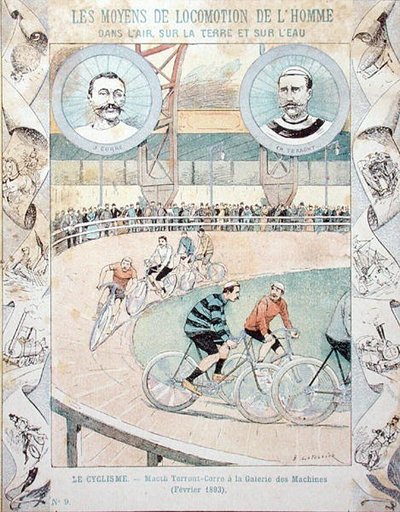 Charles Terront (1857-1932) és Jules Corre a Galerie des Machines-ben 1893 februárjában, egy tankönyvből (színes litó) alkotó: E. Letellier