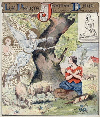 Az ifjú Jeanne of Arc (1412-1431) hallgatja az angyalok hangját, akik arra kérik, hogy jöjjön Franciaország segítségére a százéves háború alatt - Tankönyvek védőhüvelyéből, 19. század vége - A fiatal Jeanne of Arc (1412) -1431) hallgatja a hangot alkotó: E. Letellier