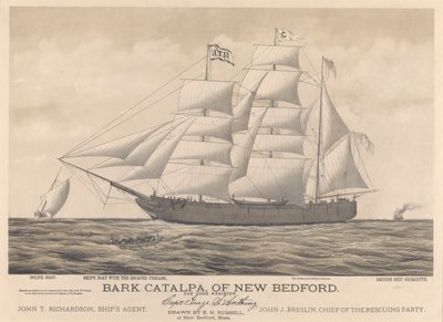 A New Bedford-i Catalpa bárka, rendőrségi hajó, hajó és a Georgette brit hajó. alkotó: E. N. Russell