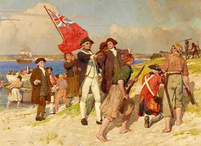 James Cook hadnagy partraszállása a Botany-öbölben, 1770. április 29. (E Phillips Fox festménye) alkotó: E. Phillips Fox