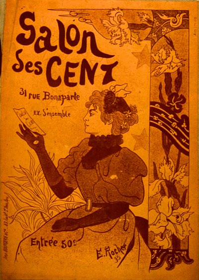 Egy nő, aki egy meghívót vizsgál, Salon des Cent alkotó: E. Rocher