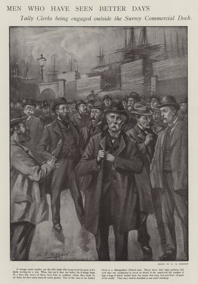 Férfiak, akik láttak már szebb napokat: a londoni Surrey Commercial Dockon kívül eljegyzett hivatalnokok (litho) alkotó: E. S. (after) Hodgson