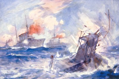 Az U15 német tengeralattjáró elsüllyesztése a HMS Birmingham által (színes litográfia) alkotó: E. S. (after) Hodgson