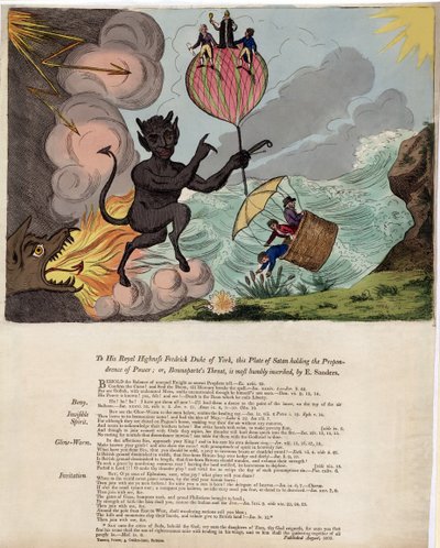 Ő királyi felségének, Frederick Duke of Yorknak, ez a Sátánt ábrázoló tábla, mely a hatalmat tartja kezében; vagy Bounaparte fenyegetése, megjelent 1803-ban (kézzel színezett metszet). alkotó: E. Sanders