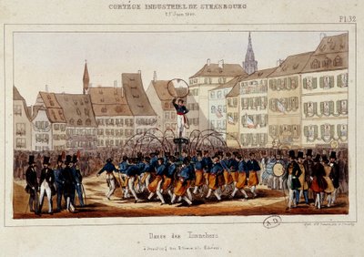La danse des tonneliers a strasbourgi ipari kortezs alatt 1840.06.25-én. Simon litográfiája alkotó: E. Simon