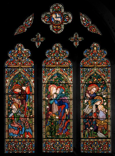 Az Angyali üdvözlet, a látogatás és a születés, 1860 körül alkotó: E. and Halliday Burne-Jones