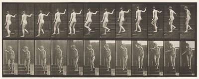 132. tábla. Lemenő lépcsők, körbefordulás és integető kéz alkotó: Eadweard Muybridge