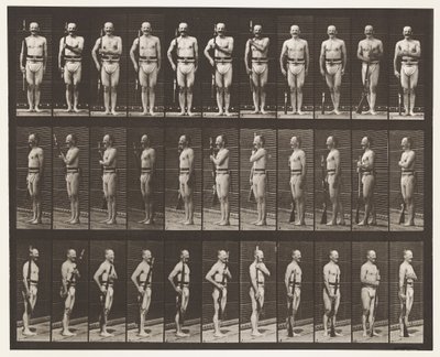 354. tábla. Fegyverhordozó, felvonulási pihenő és nyomkarok alkotó: Eadweard Muybridge
