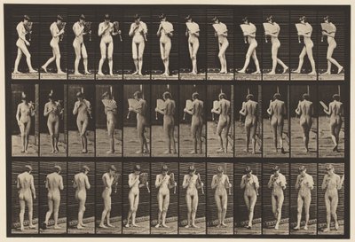 46. tányér. Séta, legyező flörtölése és megfordulás alkotó: Eadweard Muybridge