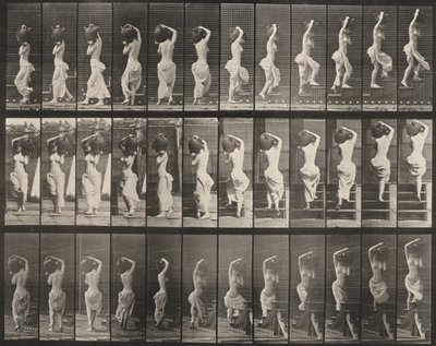 105. tábla. Megforduló és lépcsőn felfelé haladó személy, vízkorsó a bal vállán alkotó: Eadweard Muybridge