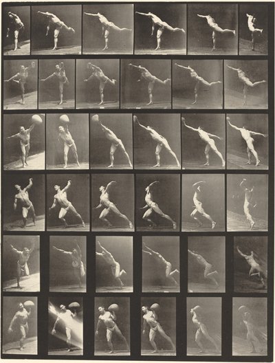 523. táblaszám. A: Ütés. B, E: Dobókorong. C, F: 75 fontot felemelni. kő. D: Labdadobás alkotó: Eadweard Muybridge