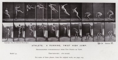 Mozgó emberalak: Sportoló, futó, csavaros magasugrás (f/w fotó) alkotó: Eadweard Muybridge