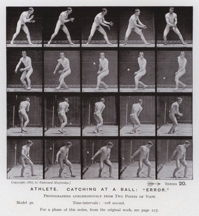 Mozgó emberalak: Sportoló, elkap egy labdát, "hiba" (f/w fotó) alkotó: Eadweard Muybridge