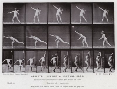 A mozgásban lévő emberi figura: Sportoló, aki egy 20 kilós sziklát dobál (f/w fotó) alkotó: Eadweard Muybridge
