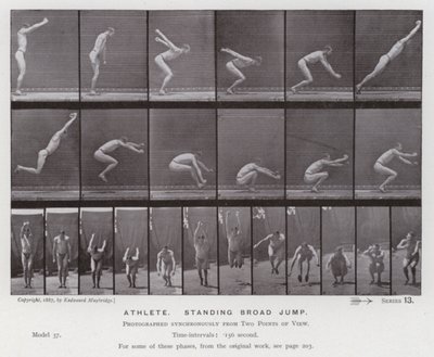 Mozgó emberalak: sportoló, széles ugrás álló helyzetben (f/w fotó) alkotó: Eadweard Muybridge